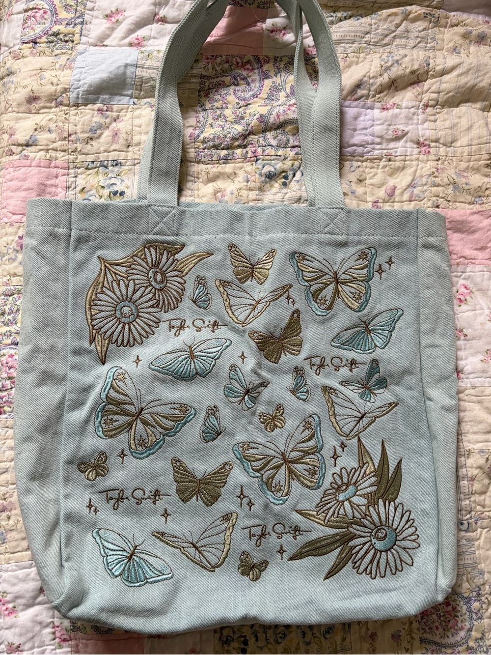 Taylor Swift Debut Embroidered Butterfly & Daisy Tote Bag in Light Denim